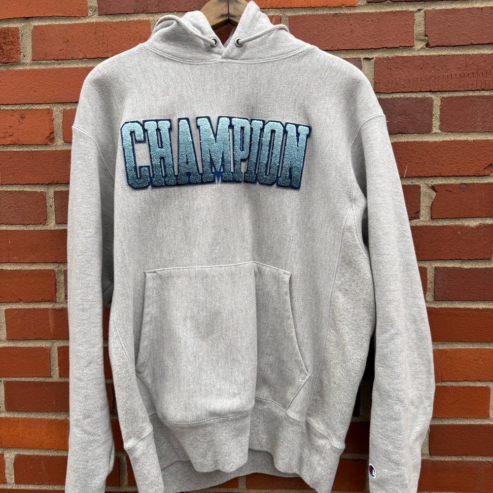 Champion reverse weave gray and blue hoodie hooded sweatshirt Y2K- M